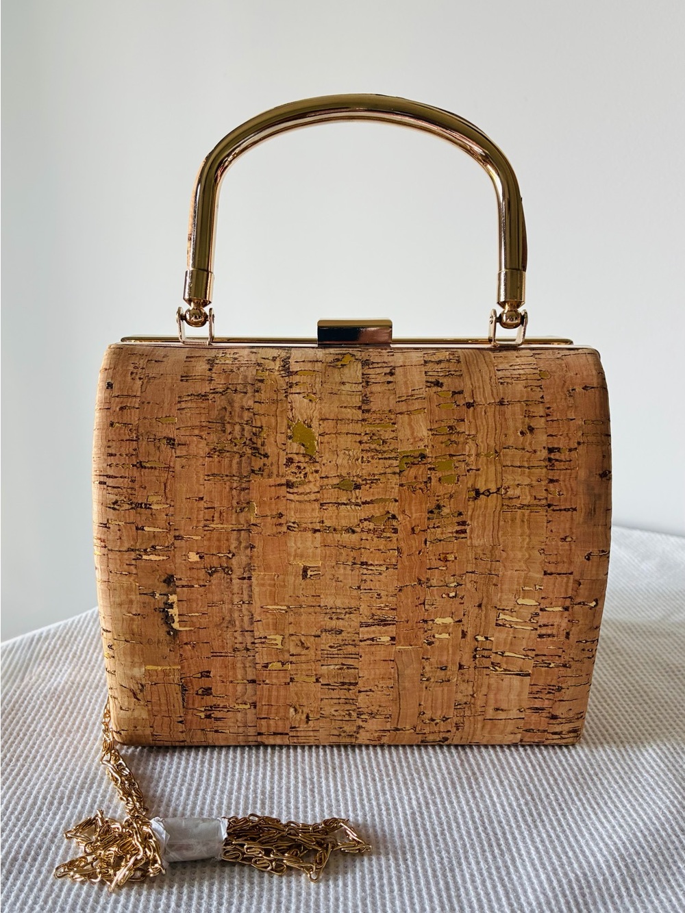 Cork Mini Handbag, Goldtone with beige & gold metallic shimmering pattern